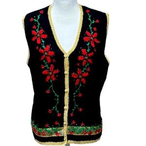 Segue Noel Holiday Not So Ugly Beaded‎ Embroidered Ribbon Christmas Vest Size L